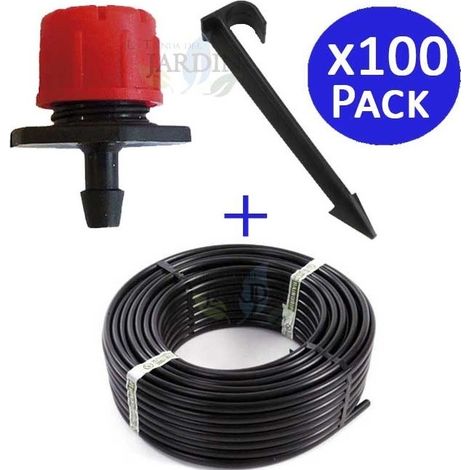 Tropfschlauch 16 mm x 100 m + 100 einstellbare Tropfer von 0 bis 70 Litern pro Stunde + 100 Kunststoffbefestigungsclips 16 mm