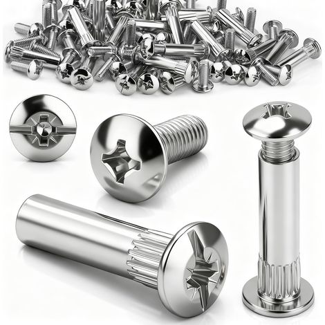 Lot de 20 vis de connexion M6 x 56-65 mm, en acier nickelé, écrou à douille et vis M6, cruciforme, connecteur d'armoire, vis à douille pour réparation, montage (1/5)