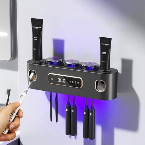Soporte para cepillo de dientes - dispensador eléctrico de pasta de dientes - para niños y adultos - 2 dispensadores de pasta de dientes - gris (1/5)