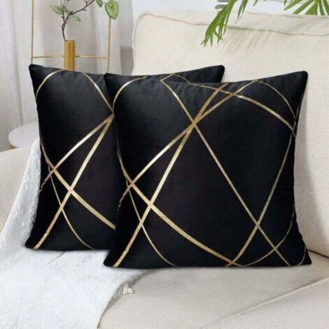 Set of 2 Black Sofa (No Cushion) Velvet Cushion Cover 45x45cm Throw Pillows Decorative Cushion Covers Gold Lines Geometric Cushions Living Room Bedroom Ottoman Sofa Covers (1/5)