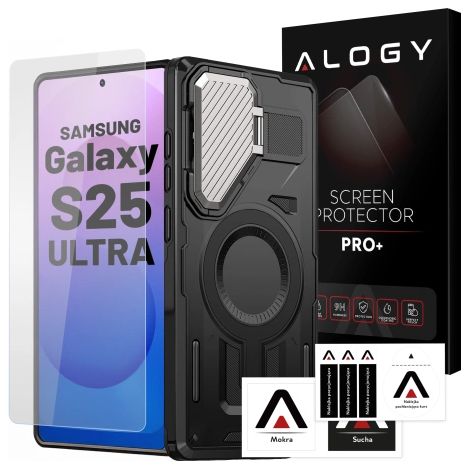 Coque de protection renforcée pour Samsung Galaxy S25 Ultra avec MagSafe et fonction support. Modèle Alogy HeavyDuty Mag™️ Noir + Verre trempé. (1/5)