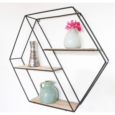 Perchero de pared de metal negro 3 estantes de madera - Hexágono diagonal