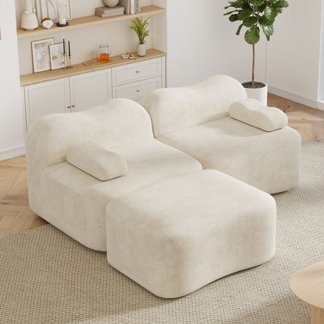 Canapé modulable 2 places 192 x 167 x 70 cm - Velours beige - Forme L, pouf, sans montage (1/5)