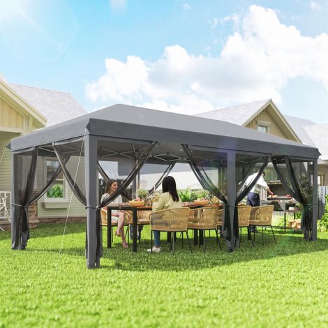 Abri de Jardin Pliable 6x3 m avec 6 Moustiquaires et Boutons, en Acier et Polyester, Gris (1/5)