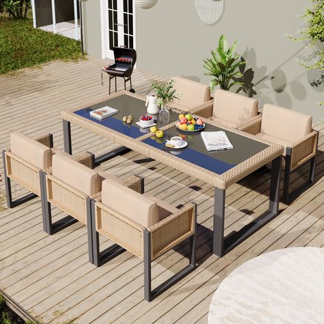Ensemble salle à manger de jardin 6 places - 6 fauteuils et table - fer galvanisé - tissu amovible et lavable - beige (1/5)