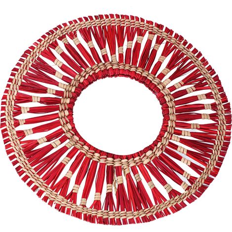 Miroir suspendu en paille tressée, décoration rétro nordique, rond, tissé à la main, rouge (1/5)