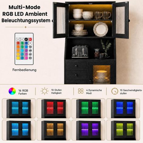 Design Moderne avec LED RGB Buffet Armoire de Cuisine Haut avec 4 Tiroirs et Placards pour Salle à Manger (1/5)