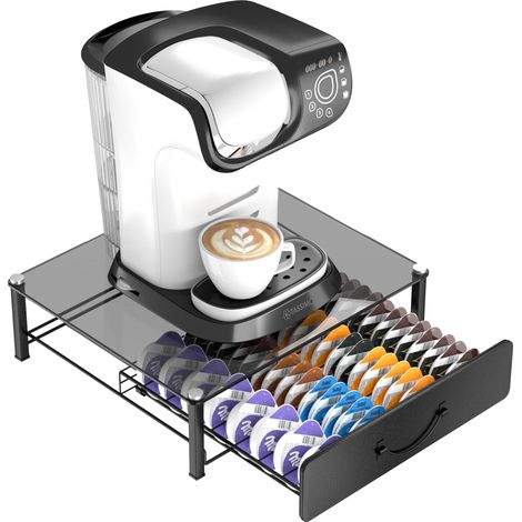 Tiroir de Rangement 64 Dosettes pour – Support Capsules avec Plateau en Verre Trempé Gris, Design Anti-Vibrations, Compatible avec Machines (1/5)