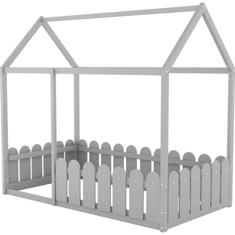 Kinderbett Hausbett aus Holz Grau 80 x 160 mit Dach und Zaun (1/2)