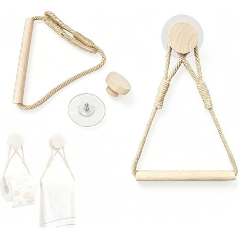 Set de 2 Porte-Papier Toilette sans Percage, Porte-Serviettes Vintage en Corde et Bois, Support Adhésif pour WC, Décoration de Salle de Bain Style Industriel et Boho (1/5)