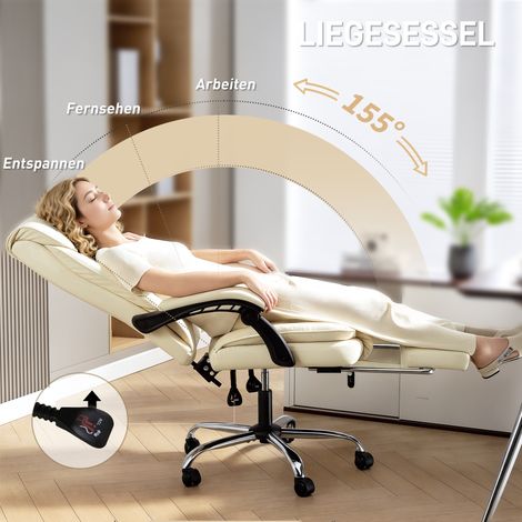 Chaise de travail ergonomique avec repose-jambes, assise en cuir synthétique, roulettes, pivotante, armature métallique, couleur beige et noir (1/4)