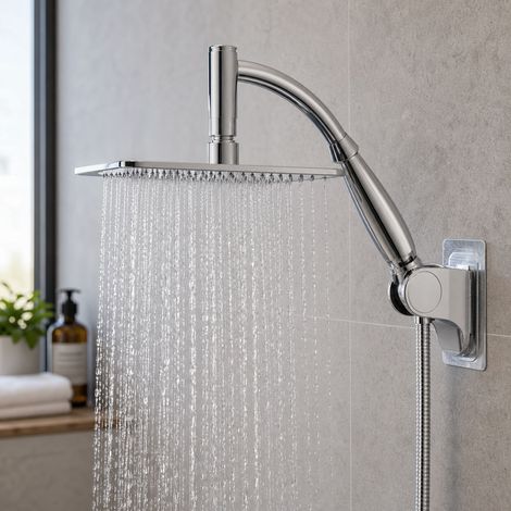 Pommeau de douche carré 20cm en acier inoxydable 304, effet pluie puissant avec flexible 1,5m et support mural sans perçage (1/5)