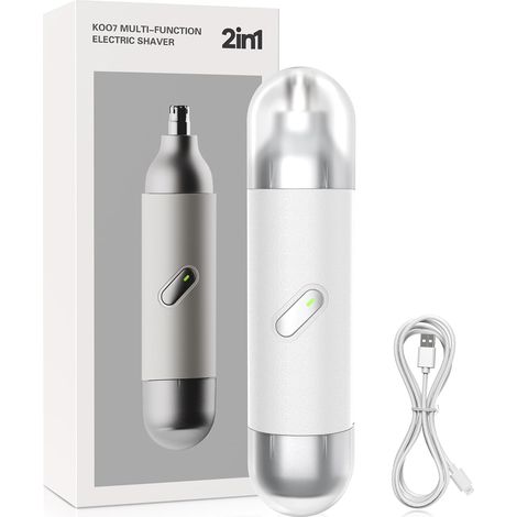 2 in 1 Nasal Hair Trimmer, Electric Shaver Face Beard Ears, Rechargeable USB Type-C, Painless, Built-in Lighting, Washable, for Men Women, White (1/5)