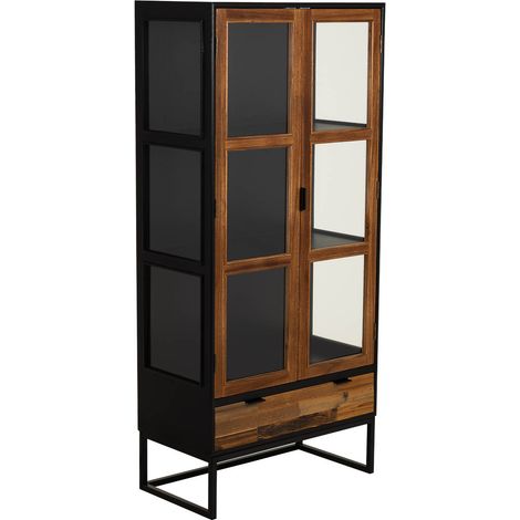 Vitrina de madera recuperada negra con 2 baldas 72x40.5x158.5h cm