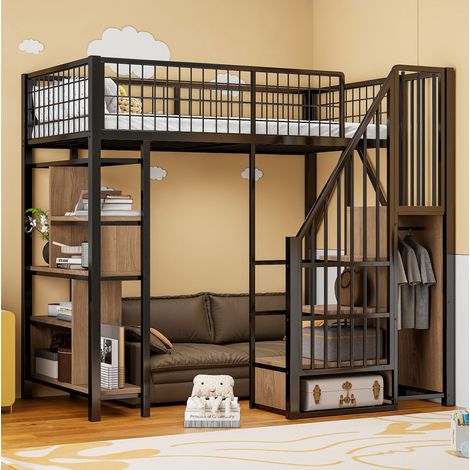 Hochbett 90x200 cm Schwarz aus Metall und Holz mit Stauraumtreppe und Ablageflächen (1/5)