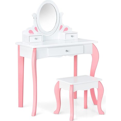 GOPLUS Coiffeuse Enfants Fille avec Miroir Rotatif à 360 ° et Amovible, Ensemble Coiffeuse avec Tabouret Confortable, Table de Maquillage avec 3 Tiroirs (Blanc) (1/5)