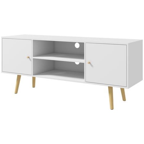 Meuble TV style scandinave 2 portes 2 niches passe-fils piètement bois pin panneaux blanc - 120 x 34 x 50 cm blanc (1/5)