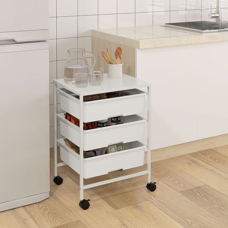 Chariot roulant, 3 niveaux de rangement, blanc, 40,8 x 33,5 x 60,5 cm, pour cuisine et salle à manger, chariot de rangement pour cuisine, salon