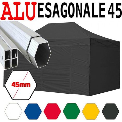 Gazebo 3x4,5 m nero pieghevole alluminio piantone esagonale 45mm portatile estendibile richiudibile estensibile acciaio con laterali per fiere eventi stand chiosco tenda tendone mercato mercatino (1/5)