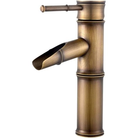 Badezimmerarmatur – Wasserfall-Mischbatterie, Messing-Wasserfall-Mischbatterie für Waschbecken, antike Messing-Mischbatterie, Bambus-Mischbatterie, 2 zerbrechliche Auslaufdichtungen (M) (1/4)