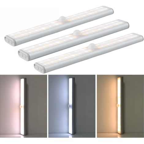 Lot de 3 bandes lumineuses LED à détecteur de mouvement (56 LED), sans fil, pour éclairage sous meuble, dressing, cuisine ou escalier, avec fixation magnétique auto-adhésive. (1/5)
