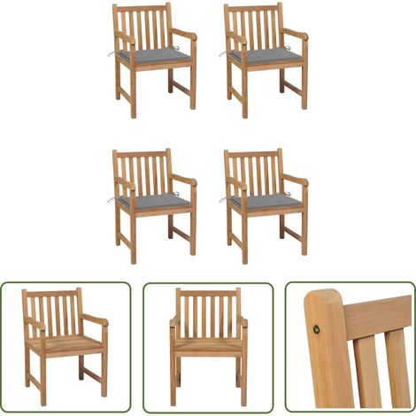 The Living Store Chaises de jardin lot de 4 et coussins gris Bois de teck solide - Chaise De Jardin - Mobilier De Jardin - Set De Chaises - Terrasse - Jardin (1/5)