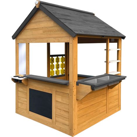 AXI – Maisonnette de jardin en bois de pruche FSC 100 % – Cuisine avec bacs en plastique – 4 fenêtres pour lumière naturelle – 3 étagères blanches