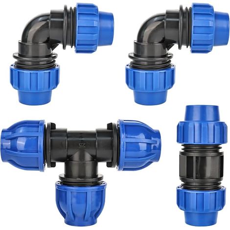 Lot de 4 raccords à visser pour tuyau en polyéthylène - 90° - Raccord coudé en T - Raccord de tuyau en PVC de 25 mm - Pour installations intérieures et extérieures (1/5)