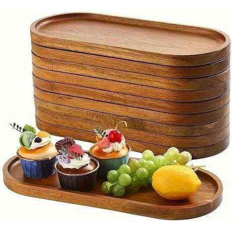 5 élégants plateaux ovales en placage de bois, aptes au contact alimentaire et ornés de motifs de pommes de pin, parfaits pour les gâteaux et les fruits. (1/4)