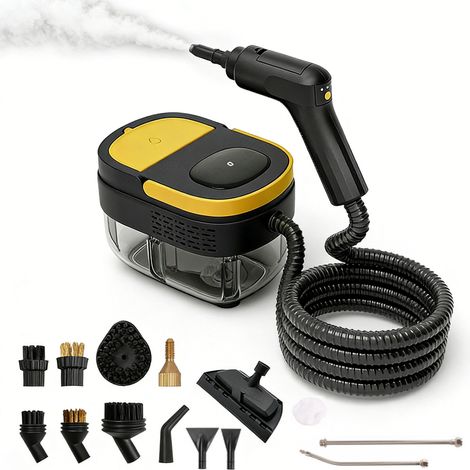 Nettoyeur vapeur portable, système anti-surchauffe intégré, chauffe rapide, têtes de brosse multifonctions(Noir et Jaune - Kit de 14 pièces) (1/5)