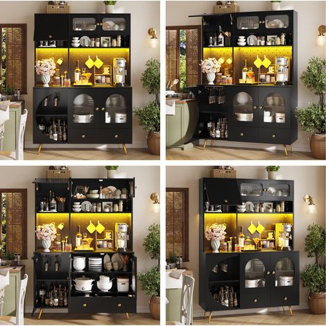 Pour cuisine et salon, rangement pratique avec buffet haut LED, prises AC/USB, tiroir et casier à vin intégré (1/5)