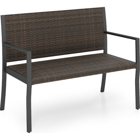 Banc de Jardin 2 Places, Banc d'Extérieur en Rotin Rembourré avec Accoudoirs&Dossier Ergonomique, pour Patio Balcon, Charge 360 kg, Marron (1/5)