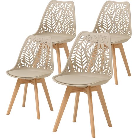 Wokaka - Lot de 4 Chaise de Salle à Manger Design Scandinaves - Dossier Ajouré Feuillage Beige - Pieds en Bois de Hêtre
