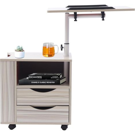 Mesita de noche con ruedas, funcional mesita de noche giratoria ajustable de madera con cajones y estante abierto (arce blanco), para dormitorio, sala de estar, estudio