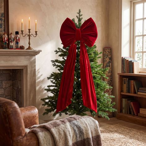 Hot-selling new Christmas burgundy velvet bow, large size, with a trailing tail, decorative scene ornament - burgundy - 4080