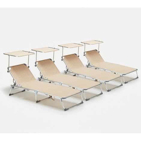 4 transats de plage bains de soleil pliants avec pare-soleil California - Beige