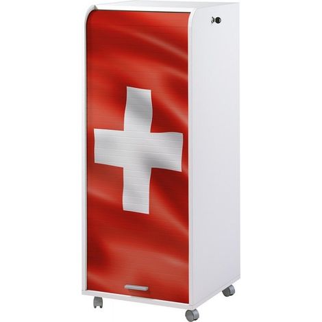 Grand caisson à rideau sur roulettes 3 tiroirs blanc imprimé drapeau Suisse Orga 108cm (1/4)