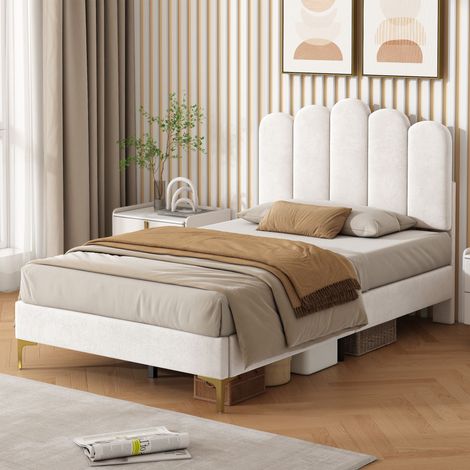 3ft Single Premium Velvet Upholstered Bed Frame with Scalloped Channel Tufted Design, Height Adjustable Headboard & Gold Metal Feet, Under-bed Storage Space, No Box Spring Needed, Beige (No Mattress)