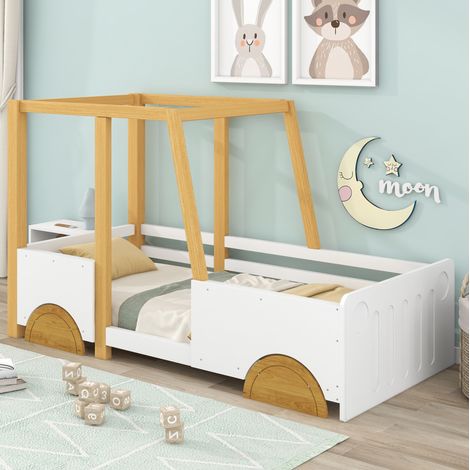 MEUBLIV Lit voiture pour enfant en boisavec roues MDF et barrière de sécurité blanc naturel 90 x 200 cm