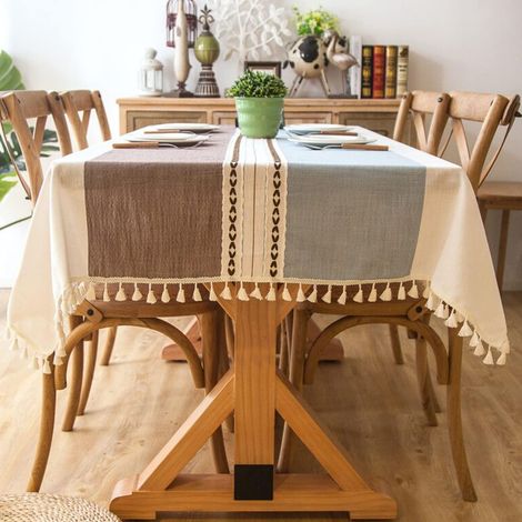 Abwaschbare Tischdecke Baumwolle Leinen mit Quasten, 140x140cm, Blau-Kaffee Streifen