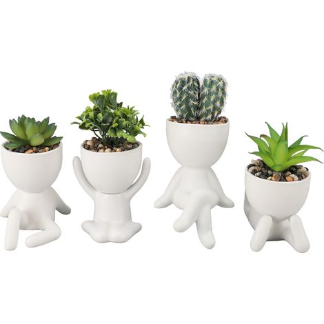 Lot de 4 pots à plantes grasses fausses en forme de personnage mignon en céramique et plastique sans entretien déco (1/5)