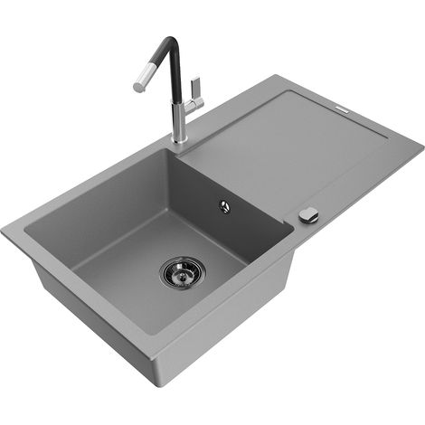 Mexen Leo évier en granit 1 bac avec égouttoir et robinet de cuisine Flora, gris - 6501-71-670401-07-B (1/5)