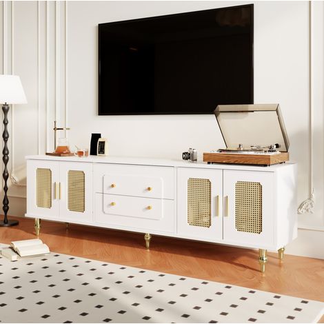 Mueble TV 150x39x35 cm blanco y madera, 3 cajones y panel frontal texturizado (1/5)