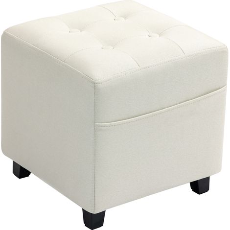 Fußhocker fürs Wohnzimmer, gepolsterter Sitz in Leinenoptik mit Seitentasche, 35 x 35 x 35 cm, cremefarben