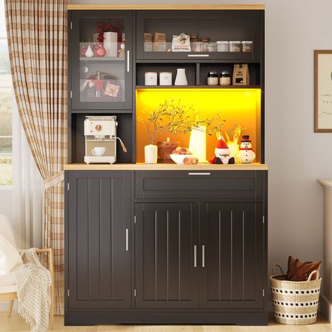 Buffet haut 104x40x180 cm blanc noir avec led vitrine meuble cuisine salon étagères réglables rangement moderne (1/5)
