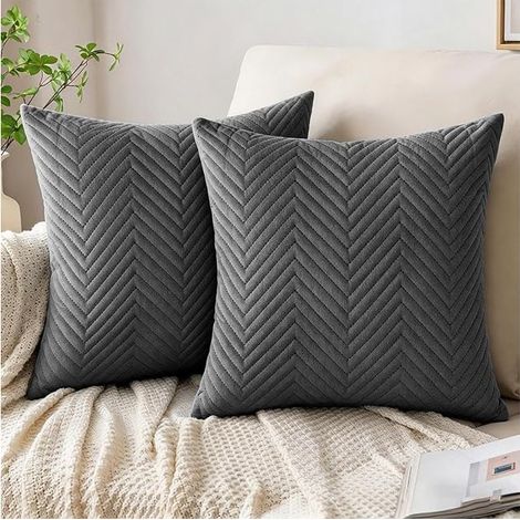 Velvet Cushion Covers, 45 x 45 cm Ribbed Sofa Pillowcase, Soft Decorative Square for Bed, Living Room, Home, Bedroom, Sofa, Garden Decoration (Dark Grey) (1/5)