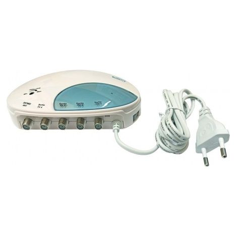 Amplificateur Répartiteur TV FM VHF / UHF TNT HD 1 entrée 4 sorties - Gain réglable 4 x 25 dB, Fixation murale possible, Interrupteur Marche / Arrêt (1/3)