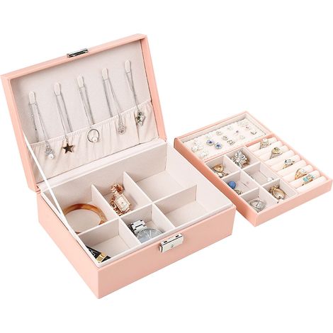Boîte à bijoux rose en cuir PU résistant, élégante et double compartiment, grande capacité pour bagues, boucles d'oreilles et colliers. (1/5)