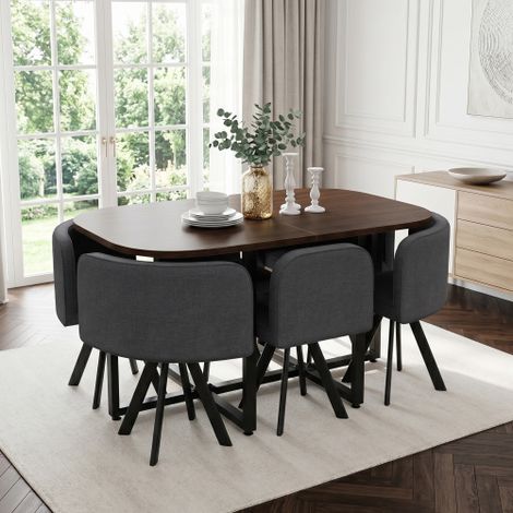 Set da pranzo per 6 persone composto da tavolo (140 x 90 cm) e sei sedie con rivestimento in lino, adatto a cucine e sale da pranzo (piano del tavolo in legno di noce + sedie grigie).