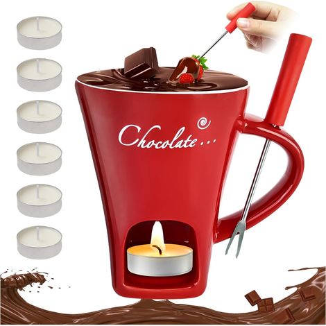 Taza de fondue de chocolate de 200 ml con 1 tenedor y 6 velas, kit de taza de fondue de chocolate, juego de fondue de chocolate con calentador para el hogar, restaurante y cafetería.